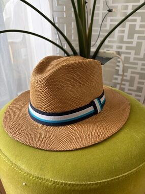 Men's Tan Straw Fedora with Blue Stripe Band